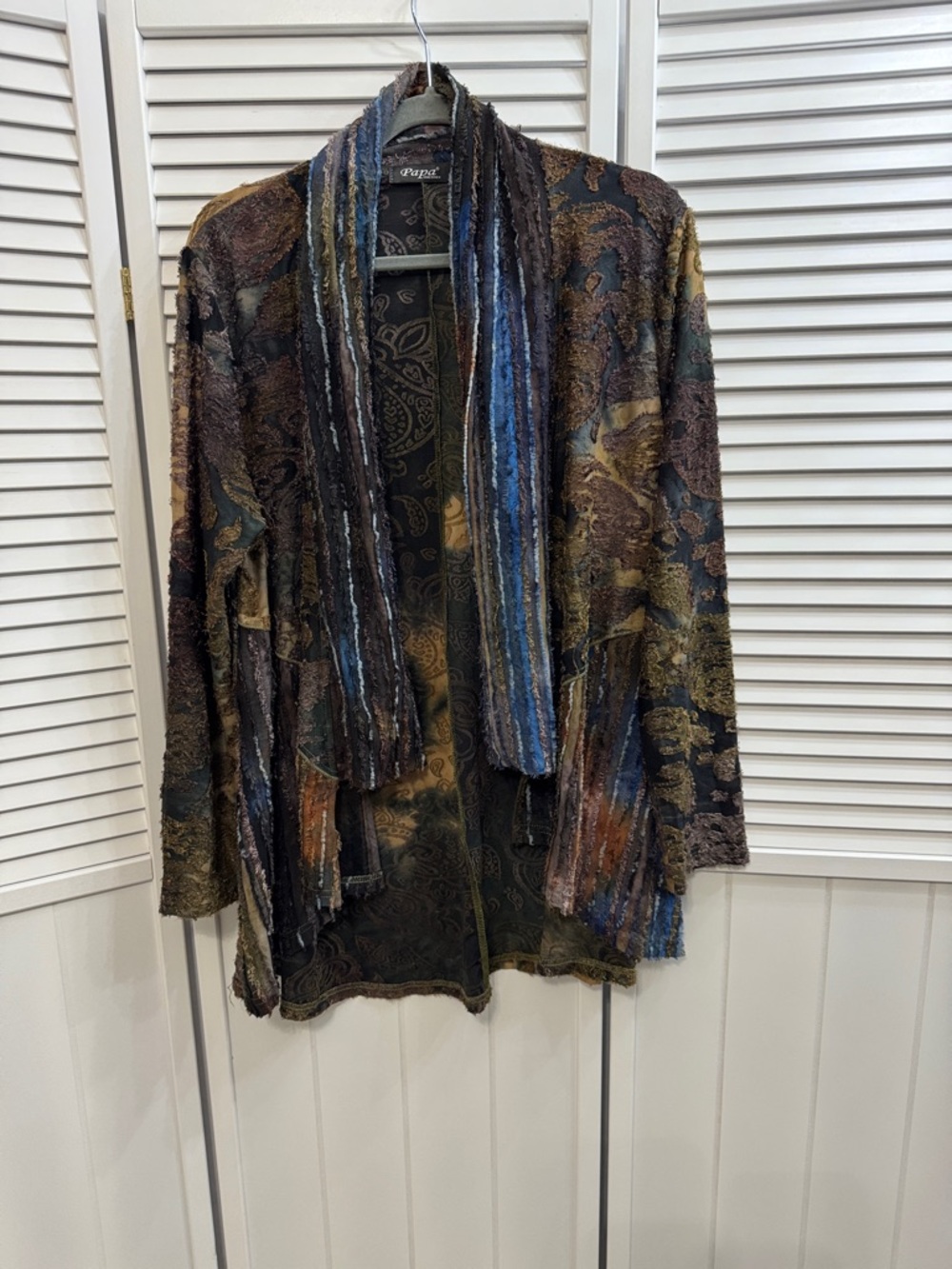 Textured Open-Front Women's Jacket in Multicolor Blue and Brown